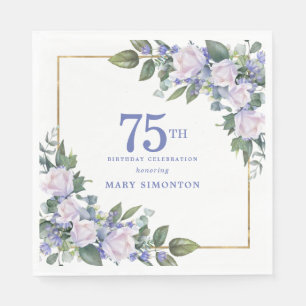 White Rose Blue Floral Custom 75th Birthday Party Napkin