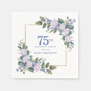 White Rose Blue Floral Custom 75th Birthday Party Napkin