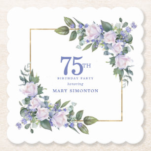 White Rose Blue Floral Custom 75th Birthday Party Paper Coaster