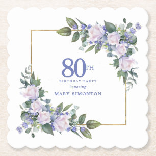 White Rose Blue Floral Custom 80th Birthday Party Paper Coaster