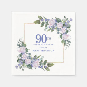 White Rose Blue Floral Custom 90th Birthday Party Napkin