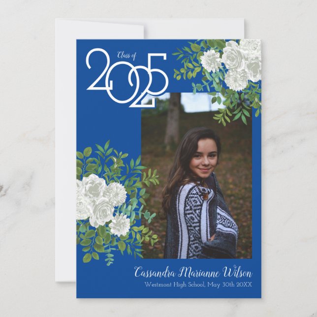 White Rose Blue Photo Graduation Announcement (Front)