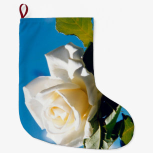 White rose, blue sky large christmas stocking