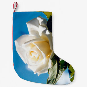 White rose, blue sky small christmas stocking