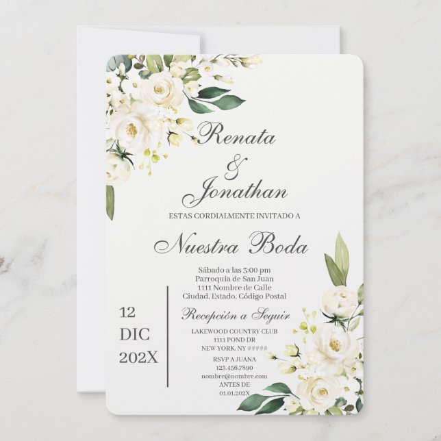 White rose boda en español invitation (Front)