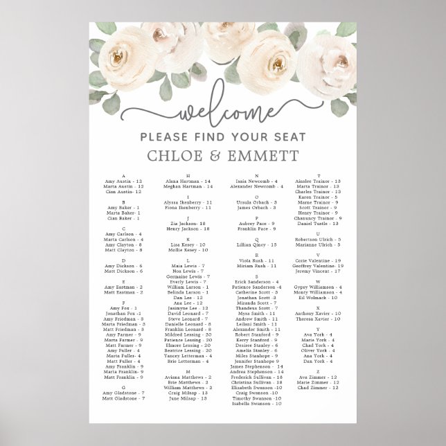 White Rose Botanical Alphabetical Seating Chart (Front)