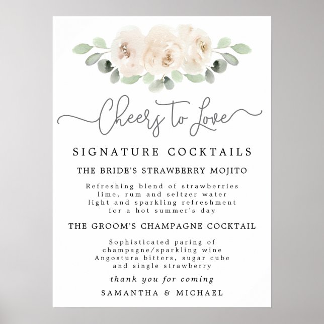 White Rose Botanical Cocktails Wedding Bar Sign (Front)