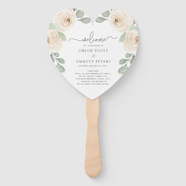 White Rose Botanical Wedding Program Hand Fan (Front)