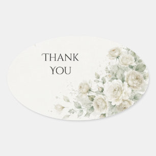 White Rose Botanical Wedding Thank You Oval Sticker