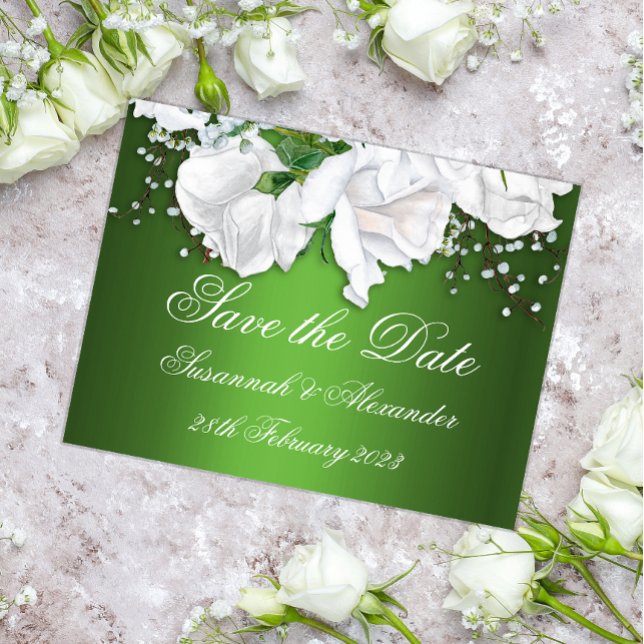 White Rose Bouquet and Metallic Green Wedding  Announcement Postcard (Creator Uploaded)