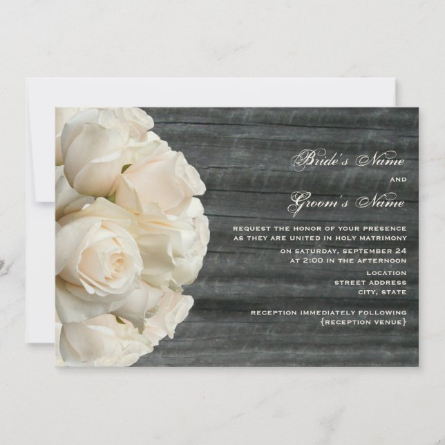 White Rose Bouquet & Barnwood Wedding Invitation (Front)