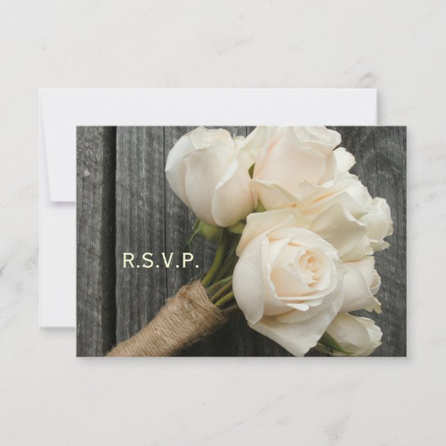 White Rose Bouquet & Barnwood Wedding R.S.V.P. RSVP Card (Front)