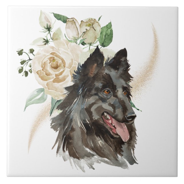 White Rose Bouquet Belgian Tervuren Dog Ceramic Tile (Front)