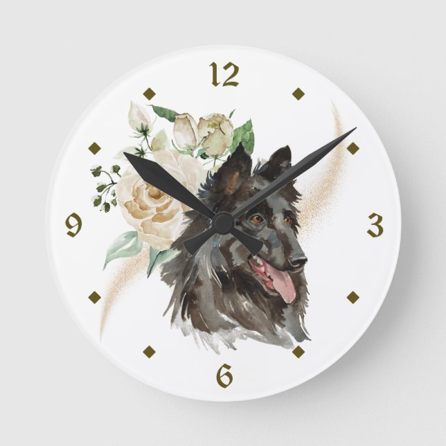 White Rose Bouquet Belgian Tervuren Dog Round Clock (Front)
