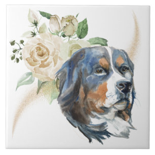 White Rose Bouquet Bernese Mountain Dog Ceramic Tile