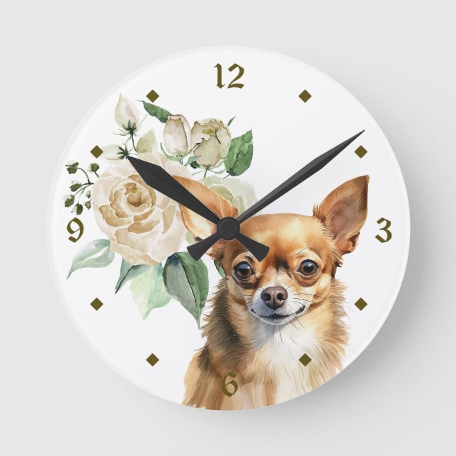White Rose Bouquet Chihuahua Dog Round Clock (Front)
