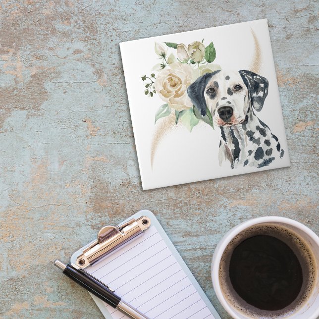 White Rose Bouquet Dalmatian Dog Ceramic Tile (Creator Uploaded)