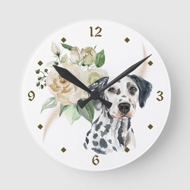 White Rose Bouquet Dalmatian Dog Round Clock (Front)