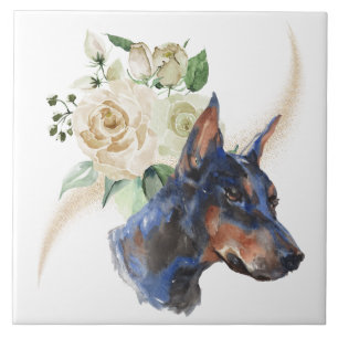 White Rose Bouquet Doberman Pinscher Dog Ceramic Tile