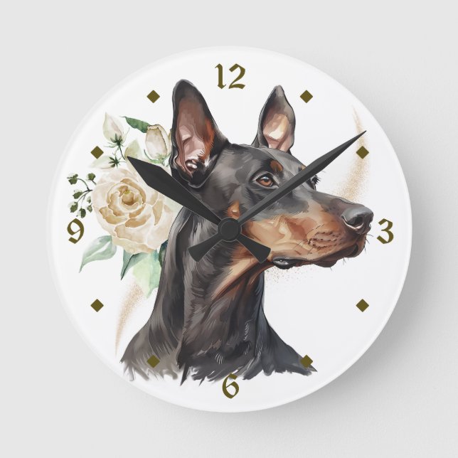 White Rose Bouquet Doberman Pinscher Dog Round Clock (Front)