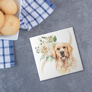 White Rose Bouquet Golden Retriever Dog Ceramic Tile