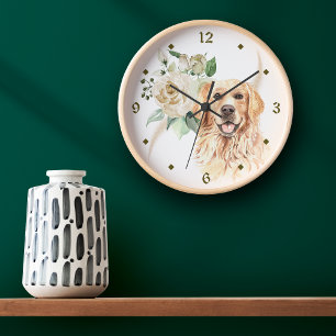 White Rose Bouquet Golden Retriever Dog Round Clock