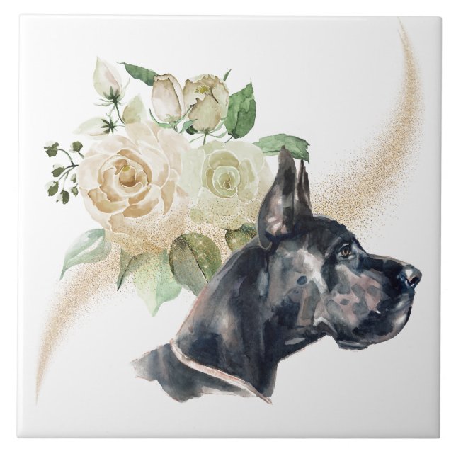 White Rose Bouquet Great Dane Dog Ceramic Tile (Front)