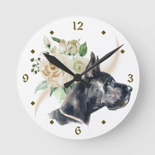 White Rose Bouquet Great Dane Dog Round Clock