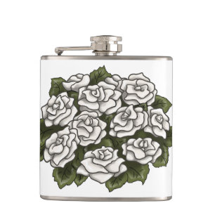 White Rose Bouquet Hip Flask