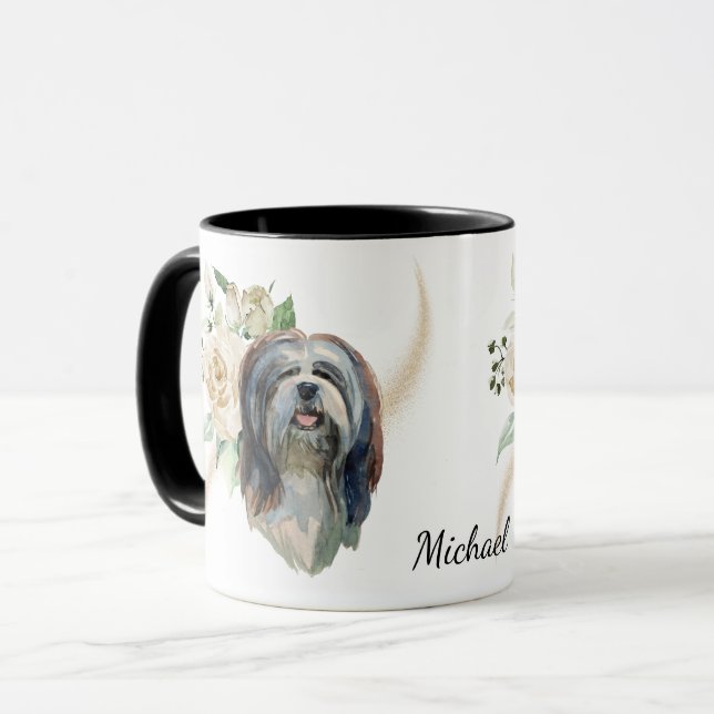 White Rose Bouquet Lhasa Apso Dog Mug (Front Left)