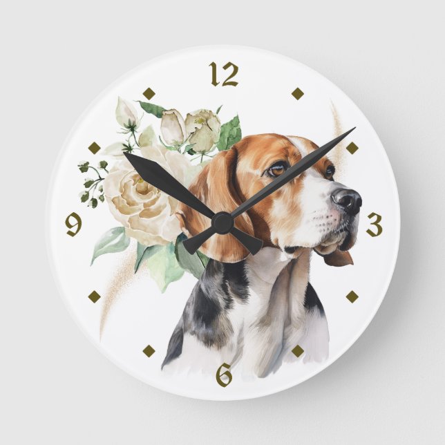 White Rose Bouquet Miniature Beagle Dog Round Clock (Front)