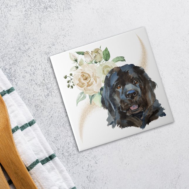White Rose Bouquet Newfoundland Dog Ceramic Tile (Creator Uploaded)