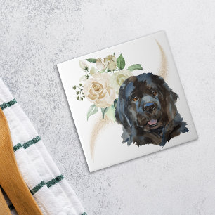 White Rose Bouquet Newfoundland Dog Ceramic Tile
