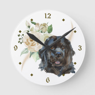 White Rose Bouquet Newfoundland Dog Round Clock