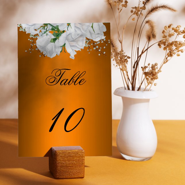 White Rose Bouquet on Burnt Orange Wedding Table Number (Creator Uploaded)