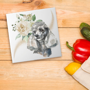 White Rose Bouquet Poodle Dog Ceramic Tile