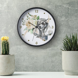 White Rose Bouquet Poodle Dog Round Clock