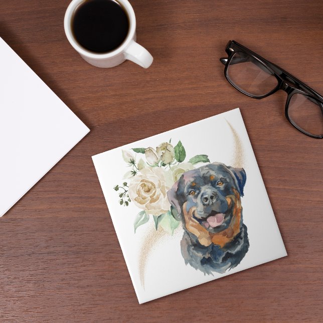 White Rose Bouquet Rottweiler Dog Ceramic Tile (Creator Uploaded)