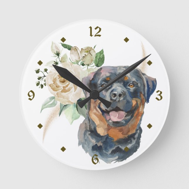 White Rose Bouquet Rottweiler Dog Round Clock (Front)