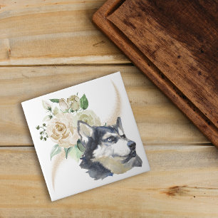 White Rose Bouquet Siberian Husky Dog Ceramic Tile