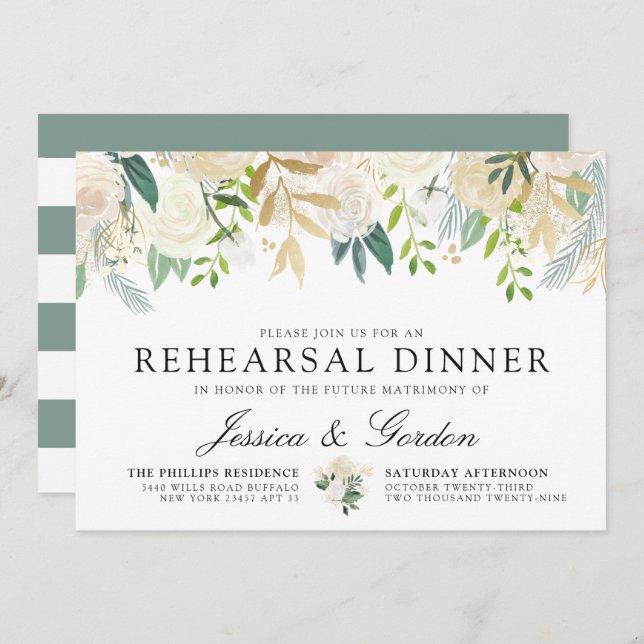 White Rose Bouquet | Wedding Rehearsal Dinner Invitation (Front/Back)