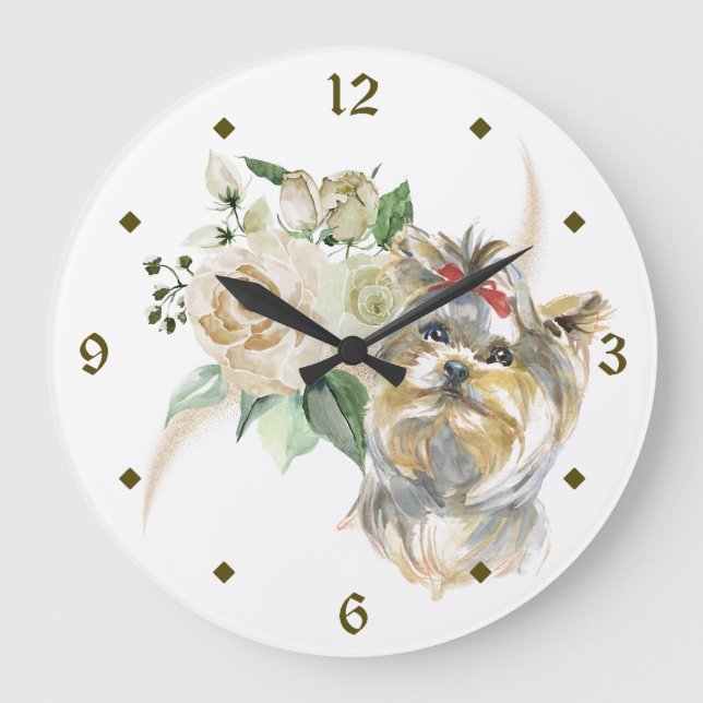 White Rose Bouquet Yorkshire Terrier Dog Large Clock (Front)