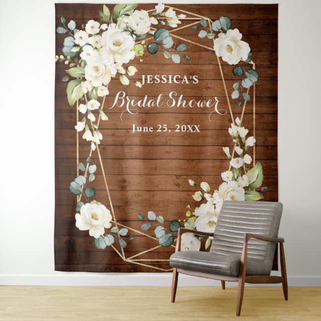 White Rose Bridal Shower Chic Photo Booth Backdrop Tapestry (In Situ)