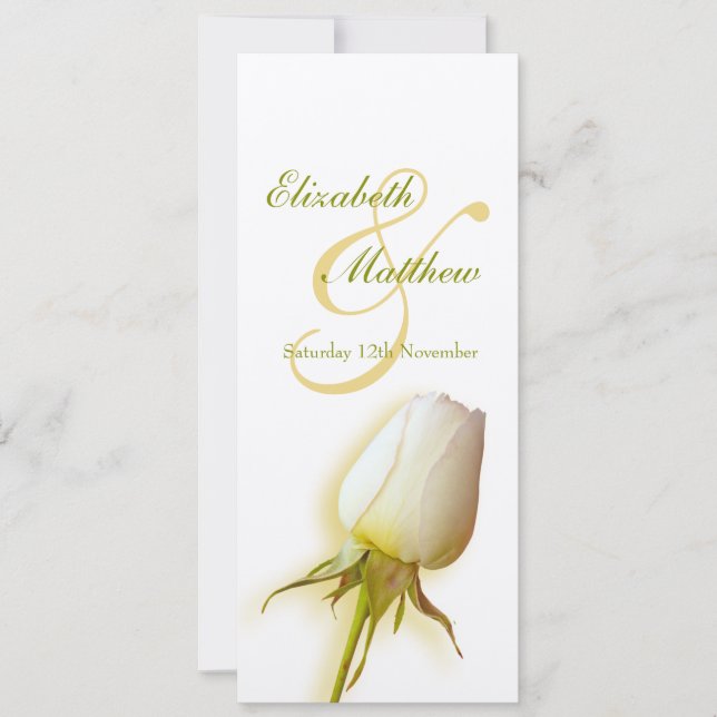 White rose bud felt wedding reception dinner menu invitation (Front)