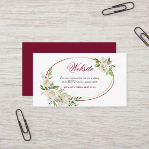 White Rose Burgundy Floral Gold Wedding Business Card