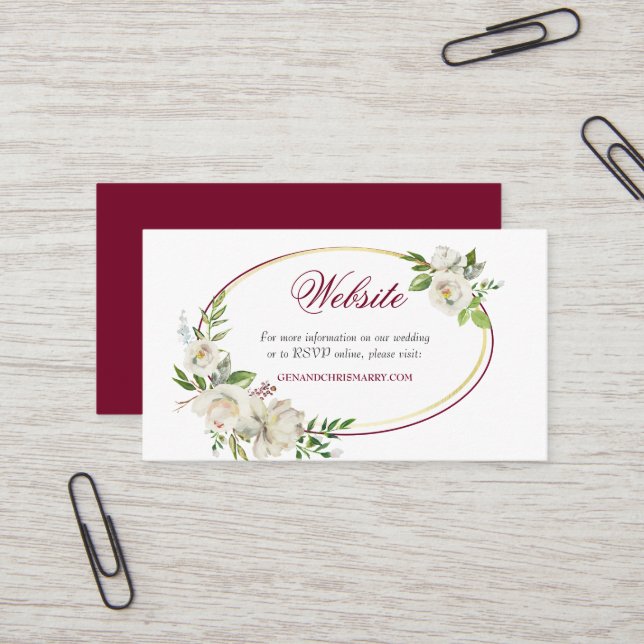 White Rose Burgundy Floral Gold Wedding Business Card (Front/Back In Situ)