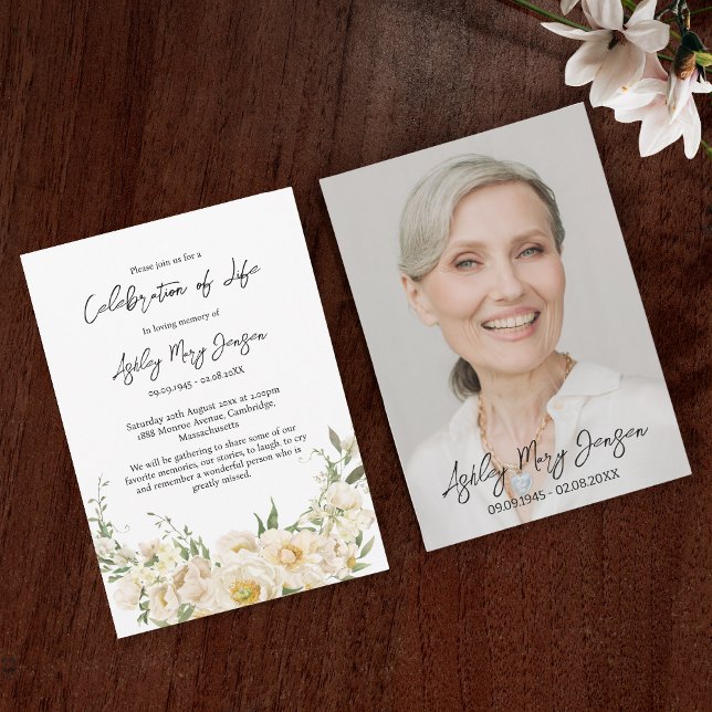 White Rose Celebration of Life Photo Funeral Invitation (Creator Uploaded)