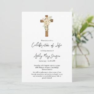 White rose Cross Celebration of Life Funeral Invitation