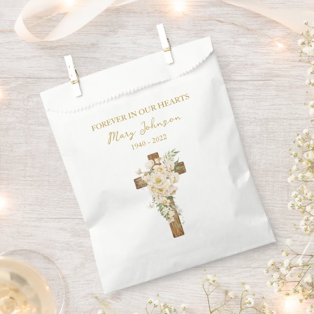 White rose Cross Funeral Favor Bag (Clipped)
