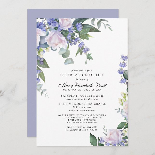 White Rose Dusty Blue Floral Celebration of Life  Invitation (Front/Back)